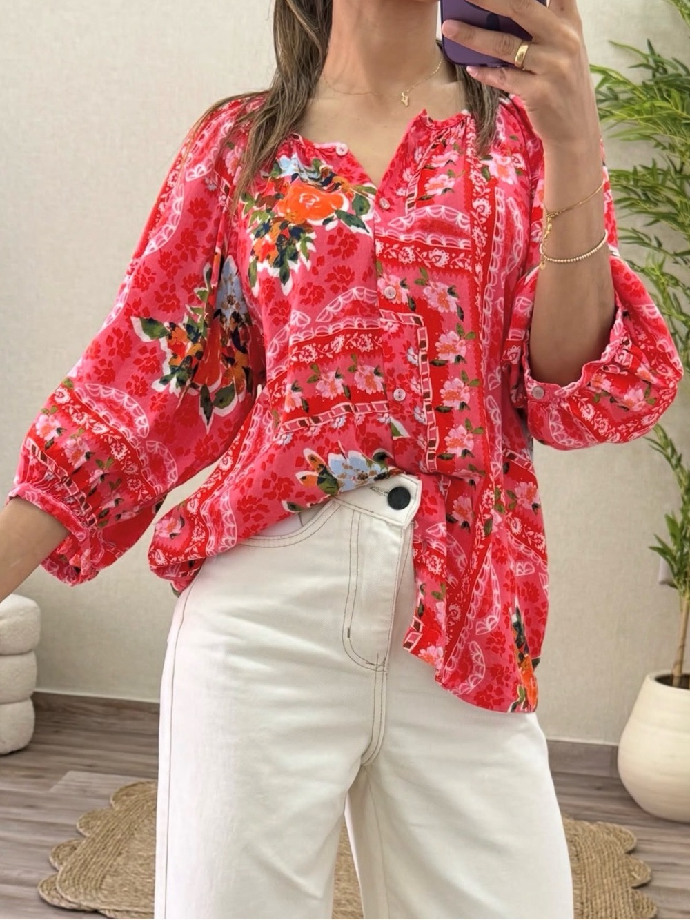 XXL LC Lauren Conrad Red Floral Boho Peasant Blouse Bohemian Plus Size 2X Top